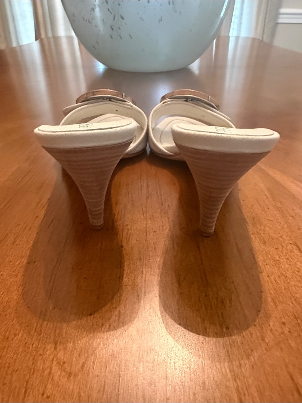 Prada White Leather Slide Mules with Wood-Tone Circular Buckle - Picture 3 of 6